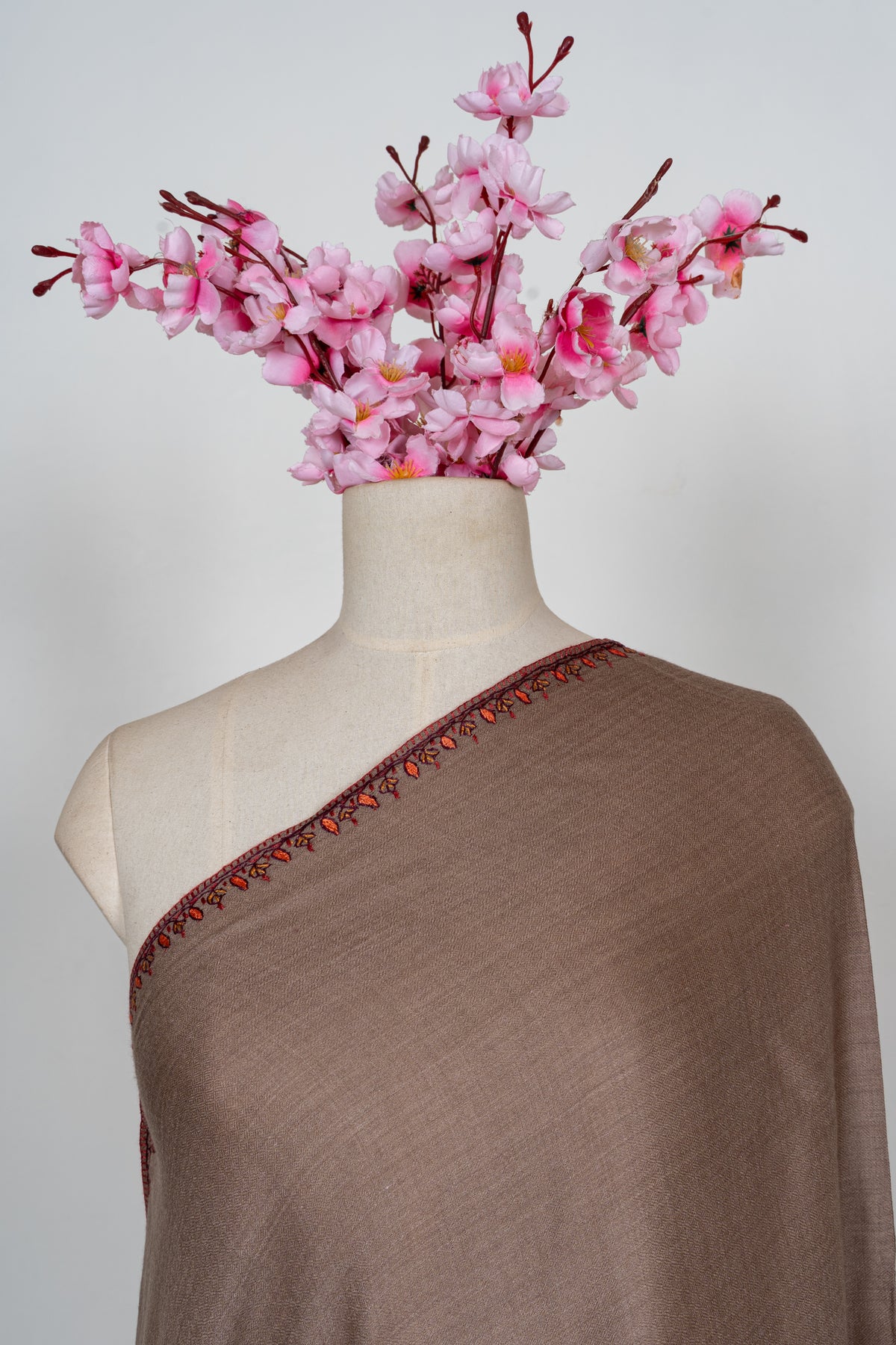 Mocha Crimson Border Grace: Merino Wool Hand Embroidered 2.5 Yards Shawl