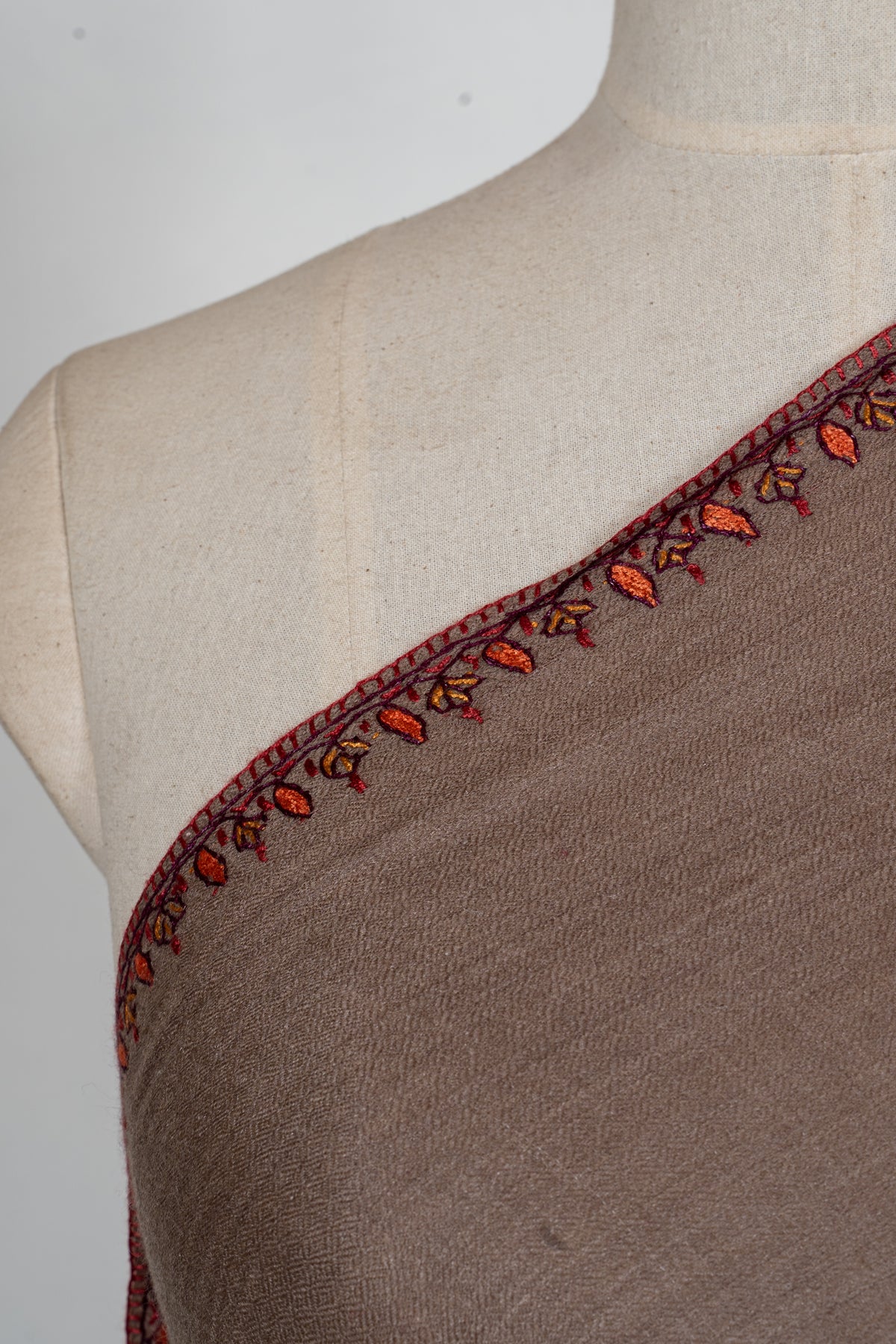Mocha Crimson Border Grace: Merino Wool Hand Embroidered 2.5 Yards Shawl