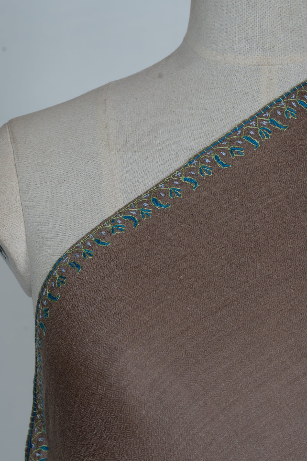 Cocoa Teal Paisley Elegance: Merino Wool Hand Embroidered 2.5 Yards Shawl