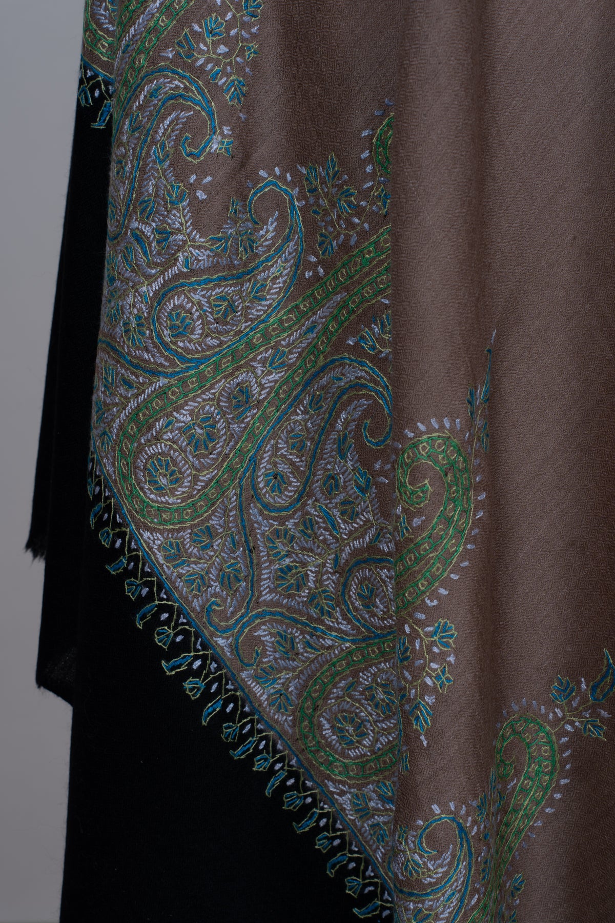 Cocoa Teal Paisley Elegance: Merino Wool Hand Embroidered 2.5 Yards Shawl