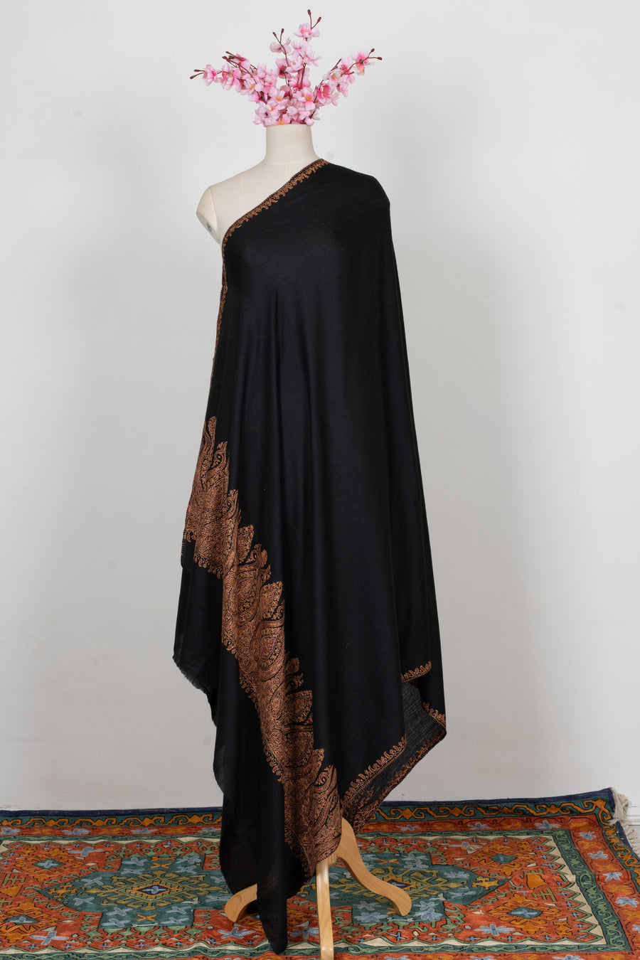 Onyx Copper Border Heritage: Merino Wool Hand Embroidered 2.5 Yards Shawl