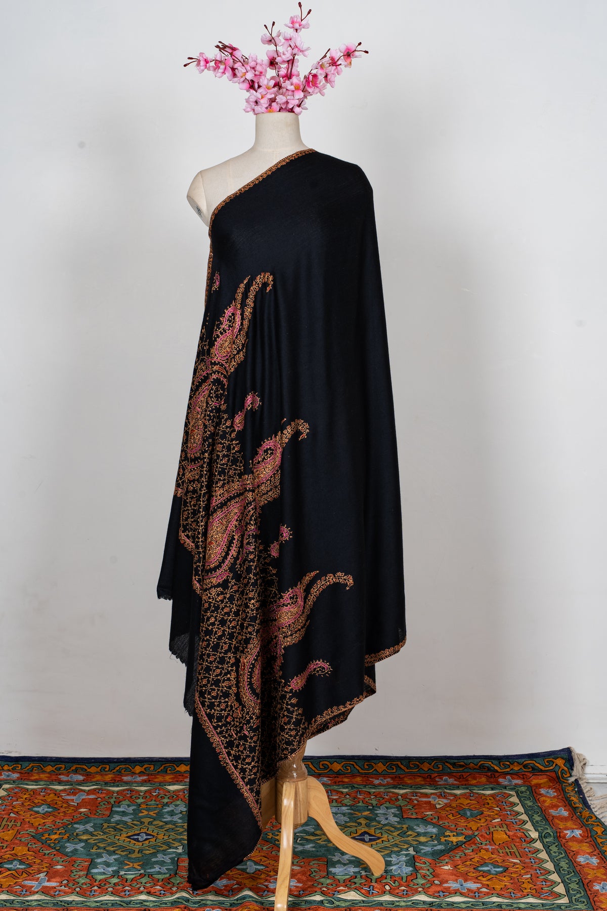 Noir Rose Paisley Royale: Merino Wool Hand Embroidered 2.5 Yards Shawl