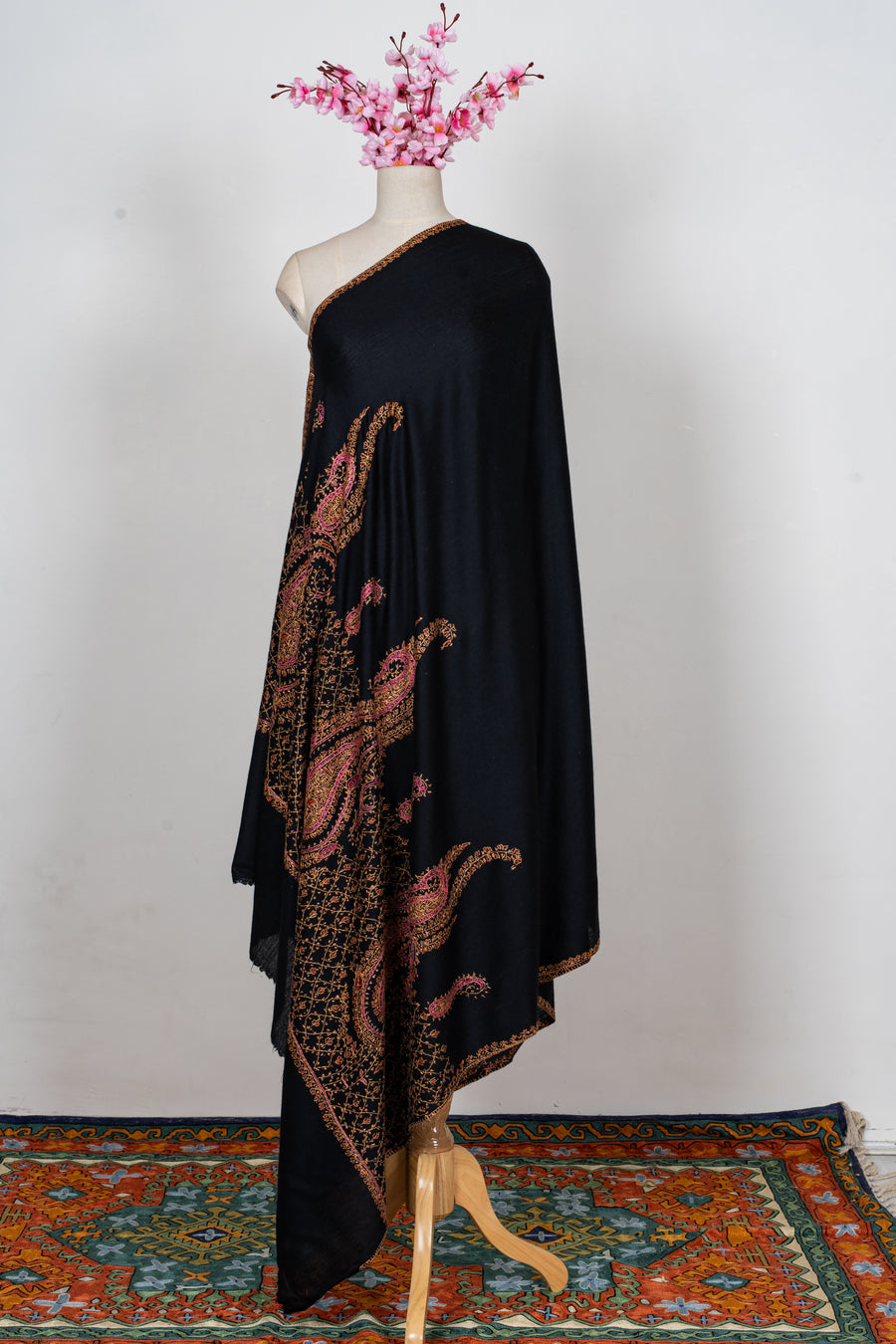 Noir Rose Paisley Royale: Merino Wool Hand Embroidered 2.5 Yards Shawl