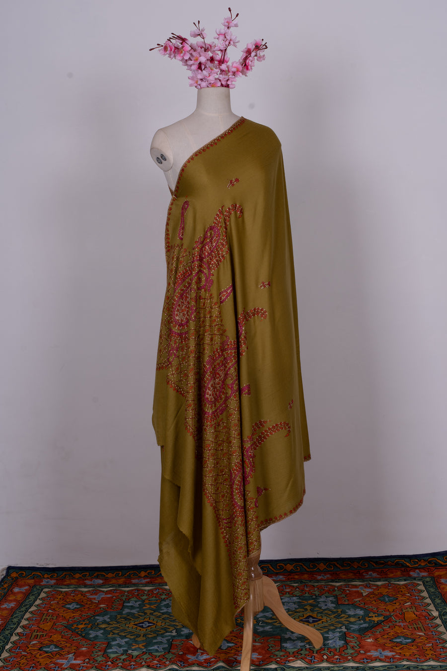 Olive Rose Paisley Accent: Merino Wool Hand Embroidered 2.5 Yards Shawl