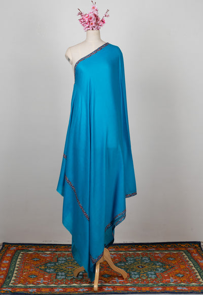 2.5 Yards Sozni Hand Embroidered Shawl in Aqua Blue Minimal Accent