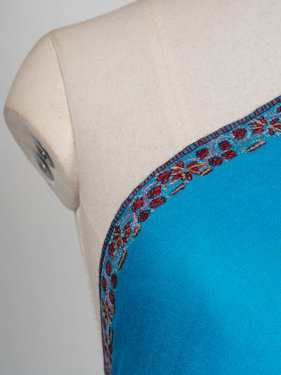 2.5 Yards Sozni Hand Embroidered Shawl in Aqua Blue Minimal Accent