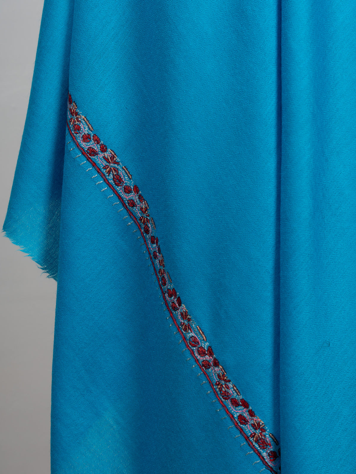 2.5 Yards Sozni Hand Embroidered Shawl in Aqua Blue Minimal Accent