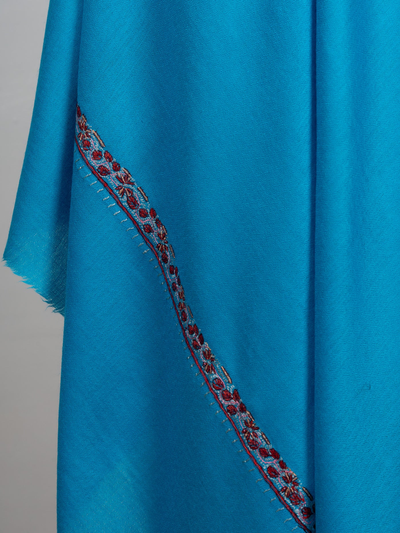 2.5 Yards Sozni Hand Embroidered Shawl in Aqua Blue Minimal Accent