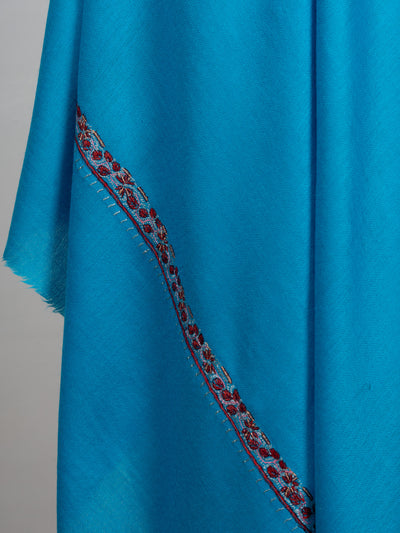 2.5 Yards Sozni Hand Embroidered Shawl in Aqua Blue Minimal Accent