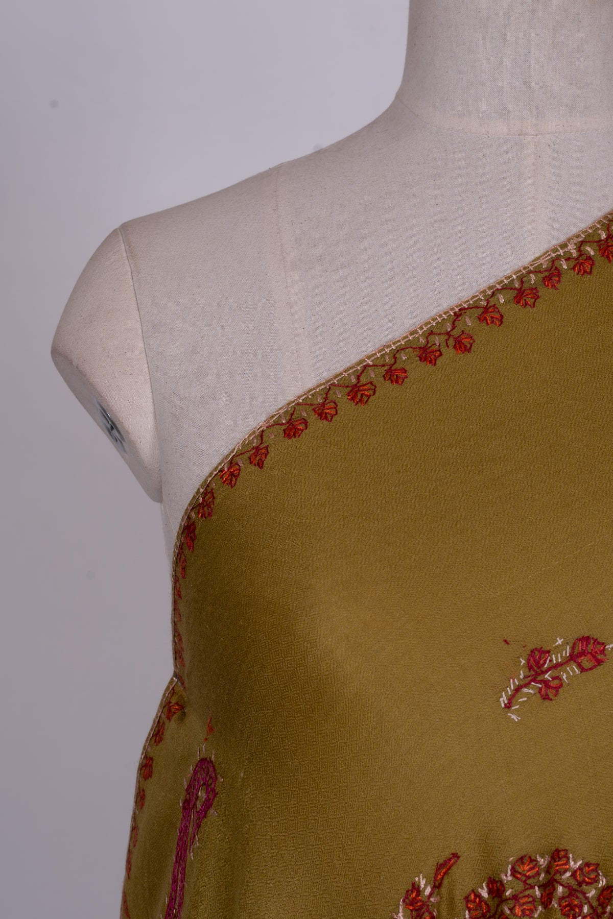 Olive Rose Paisley Accent: Merino Wool Hand Embroidered 2.5 Yards Shawl
