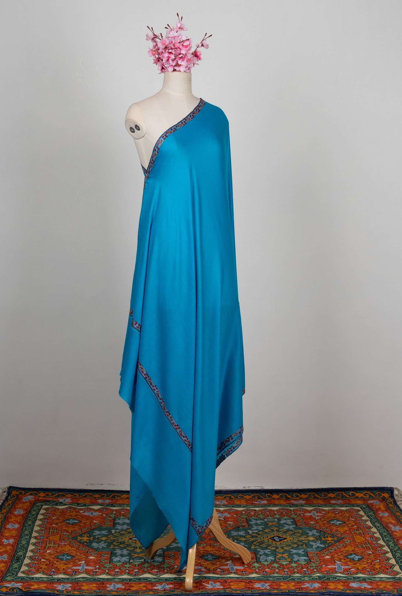 2.5 Yards Sozni Hand Embroidered Shawl in Aqua Blue Minimal Accent