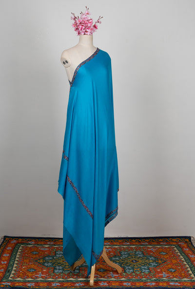 2.5 Yards Sozni Hand Embroidered Shawl in Aqua Blue Minimal Accent