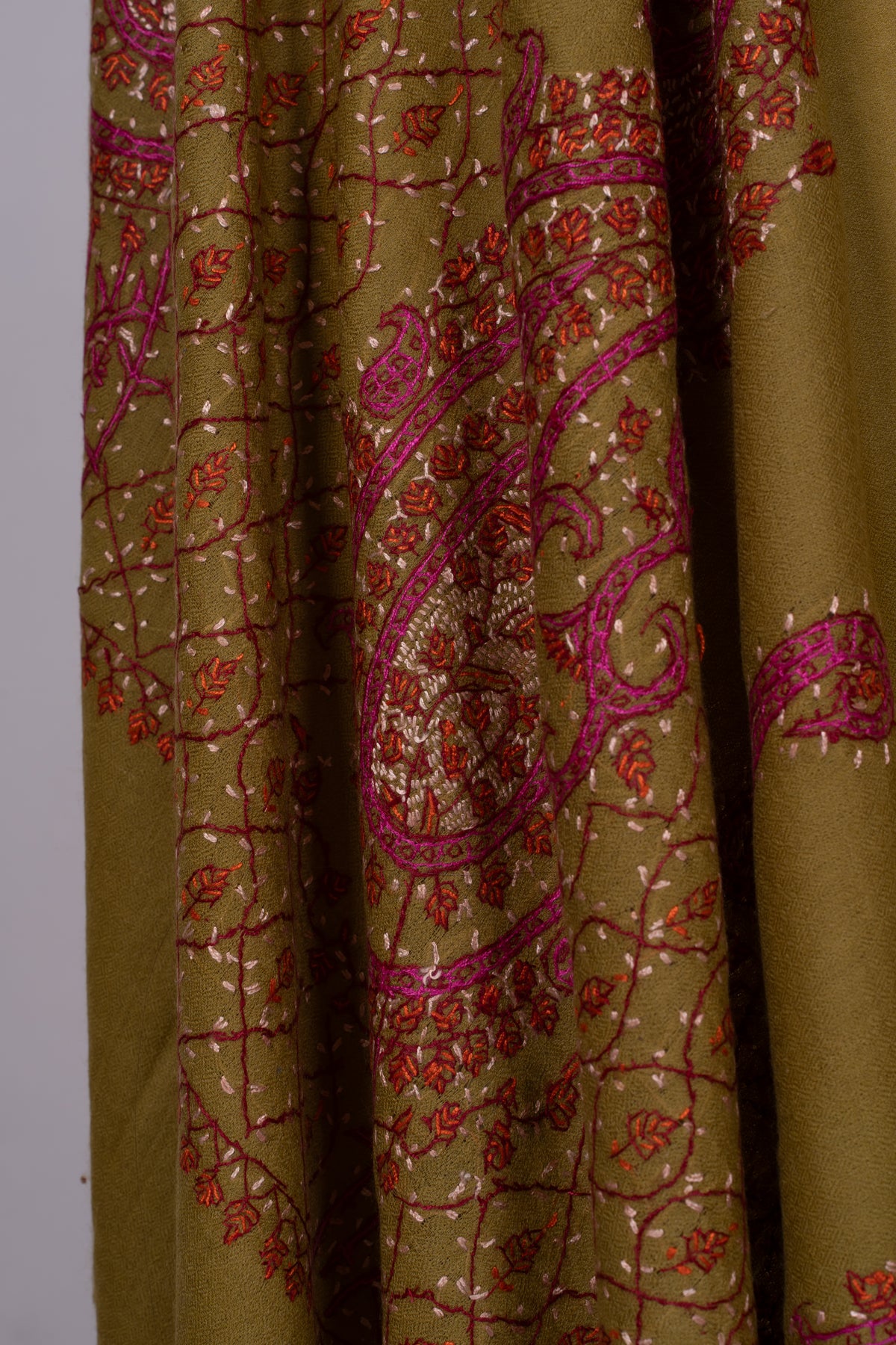 Olive Rose Paisley Accent: Merino Wool Hand Embroidered 2.5 Yards Shawl
