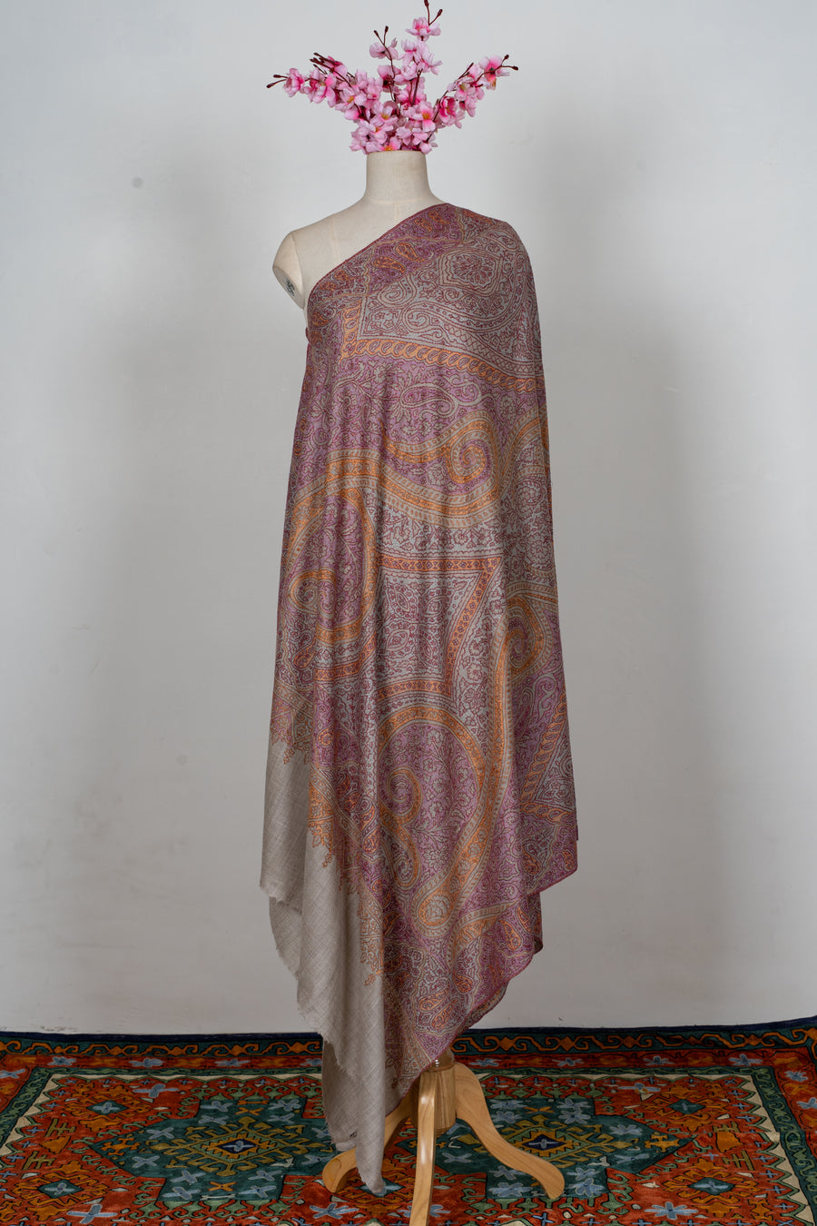 Blush Gold Paisley Symphony: Merino Wool Hand Embroidered 2.5 Yards Jamawar Shawl