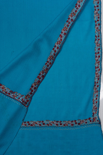 2.5 Yards Sozni Hand Embroidered Shawl in Aqua Blue Minimal Accent
