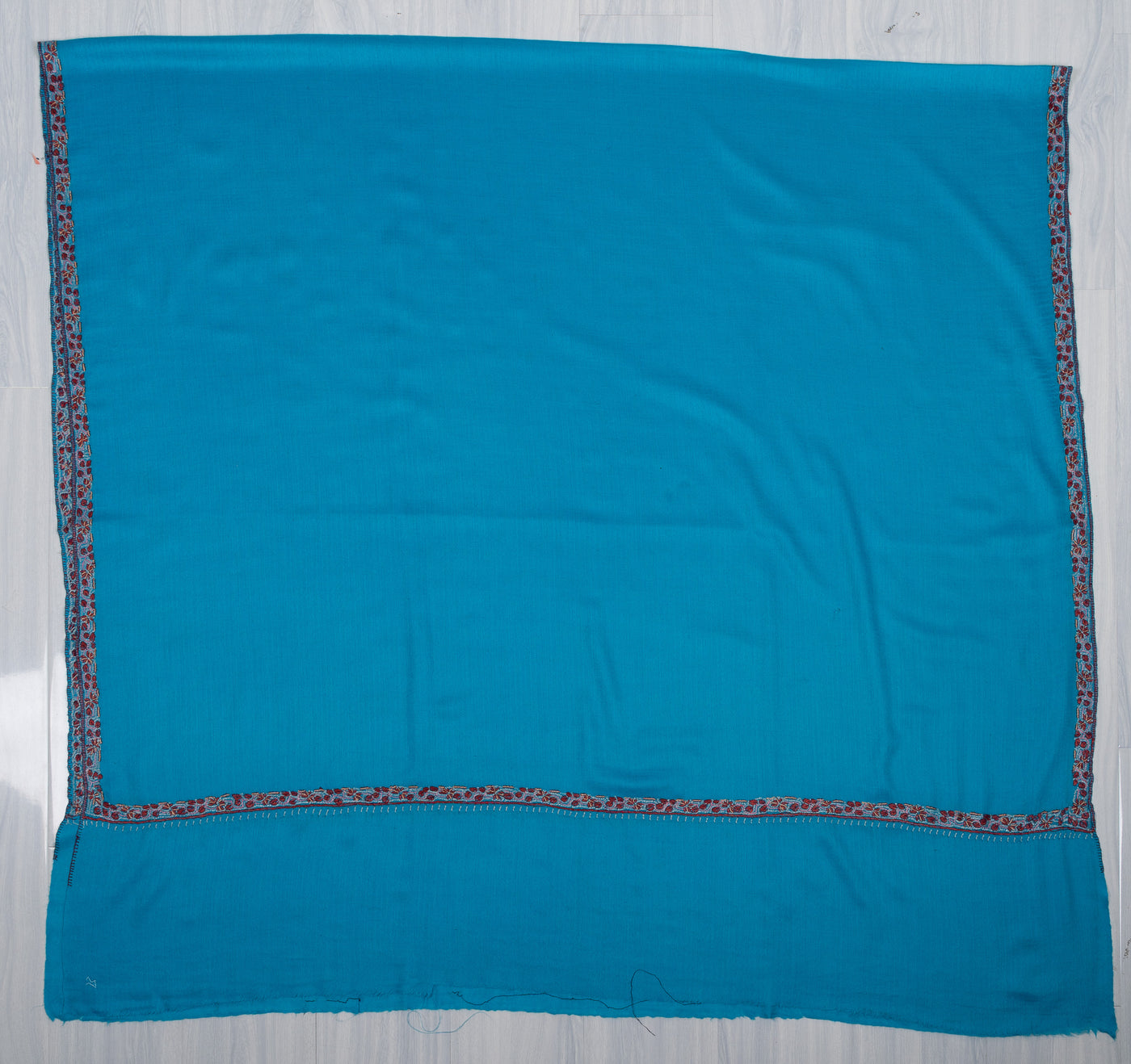 2.5 Yards Sozni Hand Embroidered Shawl in Aqua Blue Minimal Accent