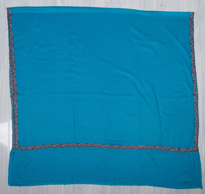 2.5 Yards Sozni Hand Embroidered Shawl in Aqua Blue Minimal Accent