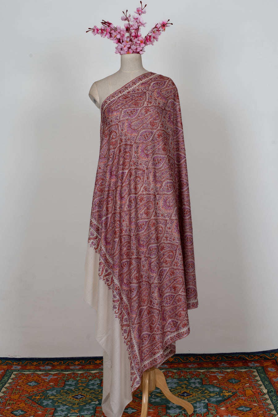 Ivory Rose Paisley Weave: Merino Wool Hand Embroidered 2.5 Yards Jamawar Shawl