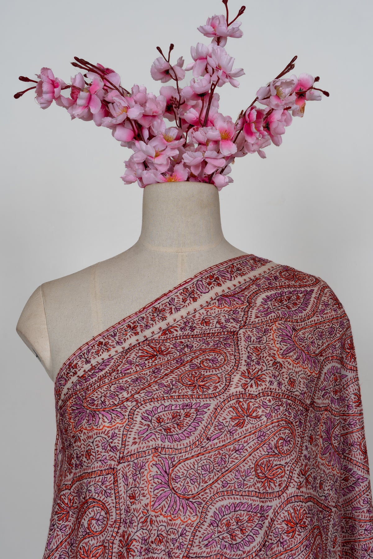 Ivory Rose Paisley Weave: Merino Wool Hand Embroidered 2.5 Yards Jamawar Shawl