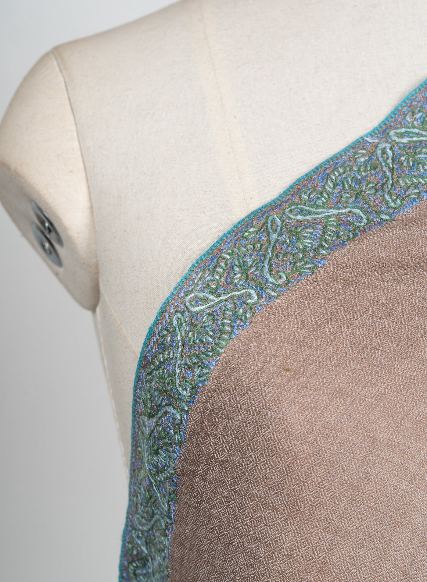 2.5 Yards Sozni Hand Embroidered Shawl in Warm Taupe Elegance