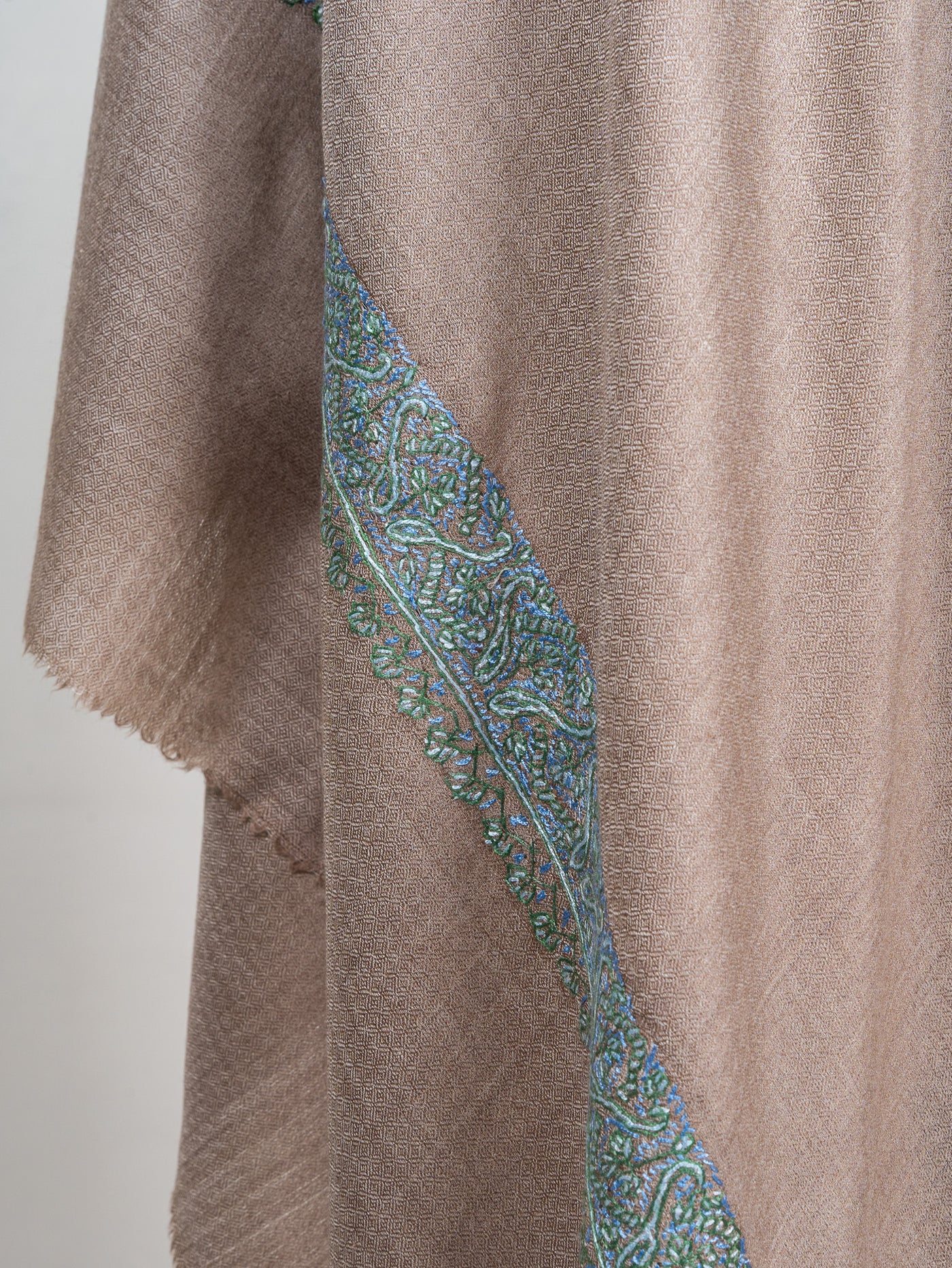 2.5 Yards Sozni Hand Embroidered Shawl in Warm Taupe Elegance