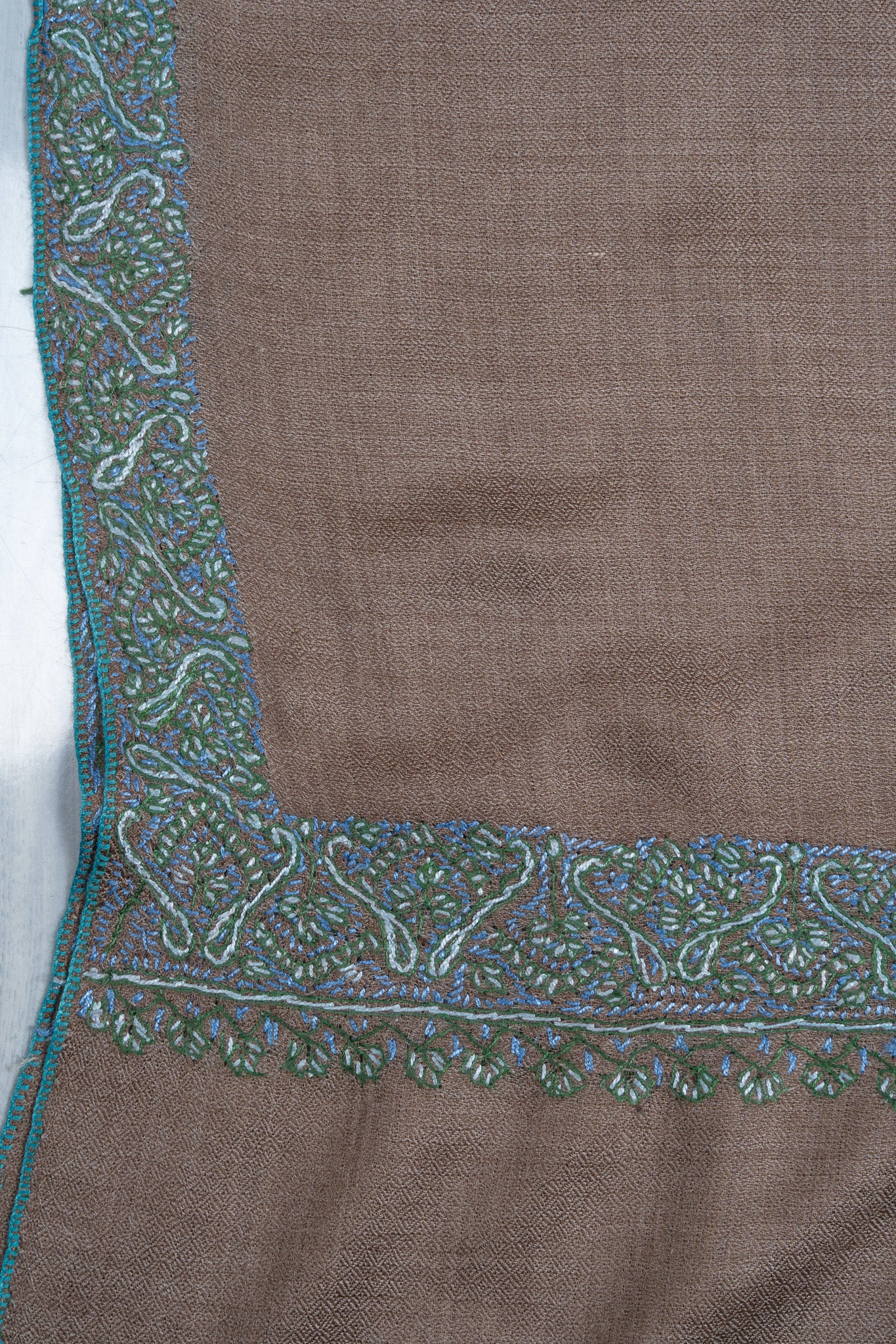 2.5 Yards Sozni Hand Embroidered Shawl in Warm Taupe Elegance