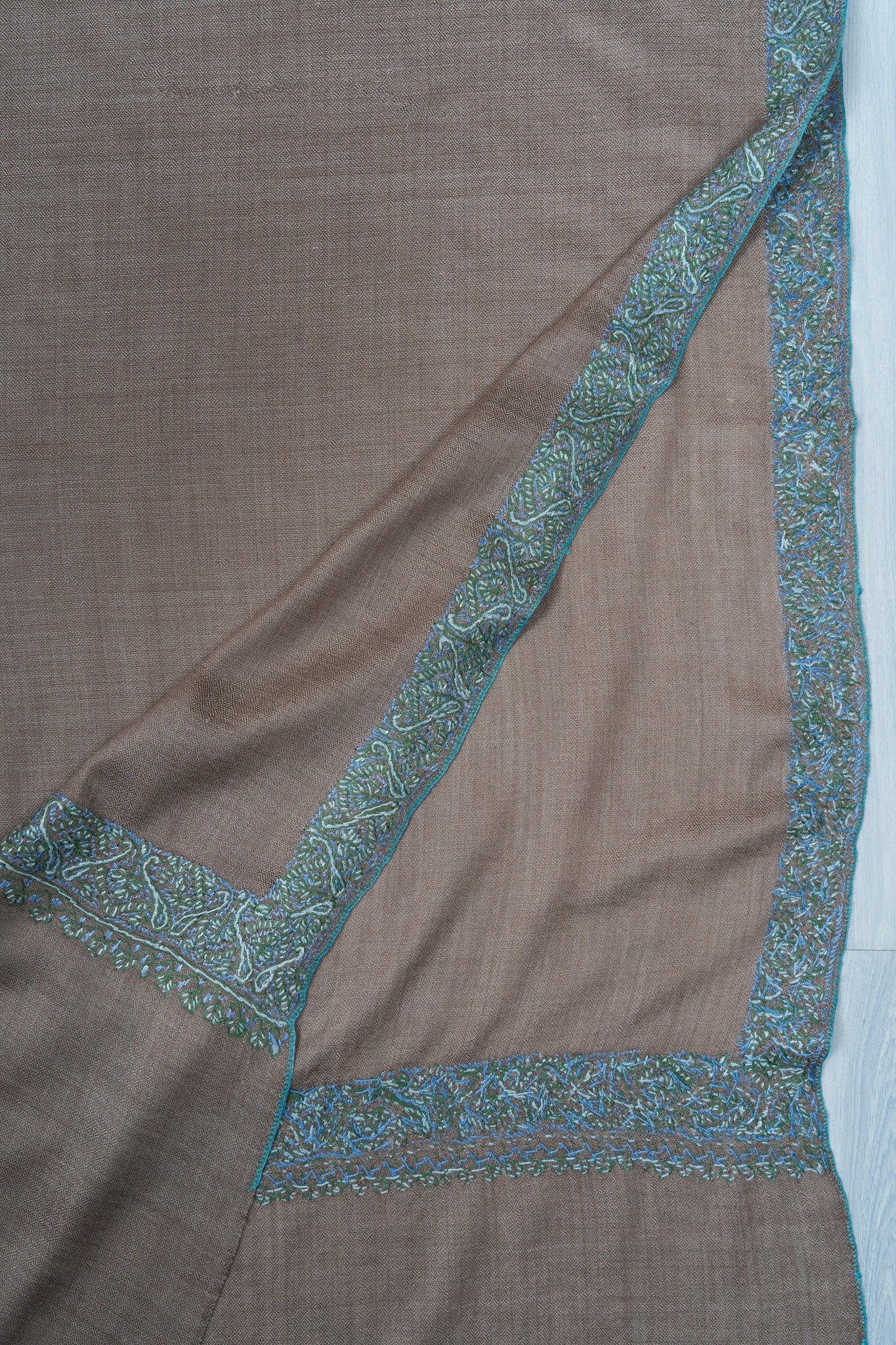 2.5 Yards Sozni Hand Embroidered Shawl in Warm Taupe Elegance