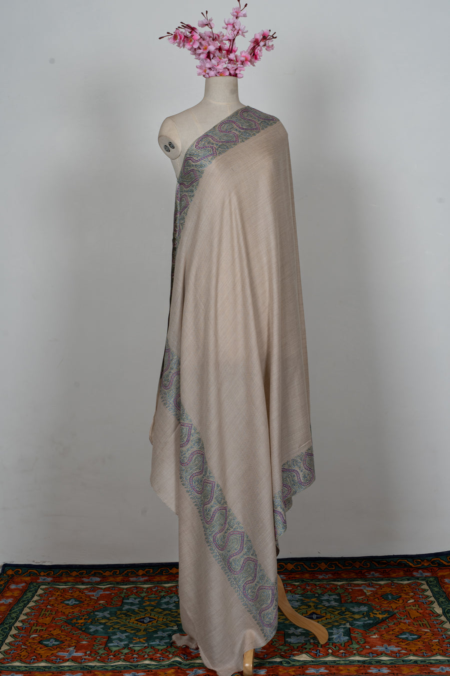 Ivory Bloom: Merino Wool Hand Embroidered 2.5 Yards Shawl
