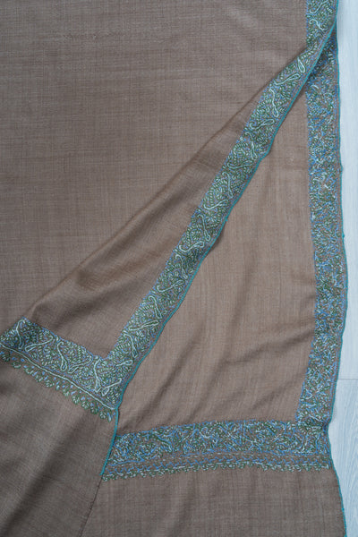 2.5 Yards Sozni Hand Embroidered Shawl in Warm Taupe Elegance