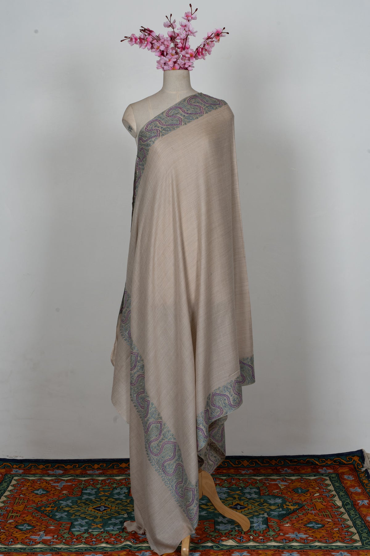 Ivory Bloom: Merino Wool Hand Embroidered 2.5 Yards Shawl