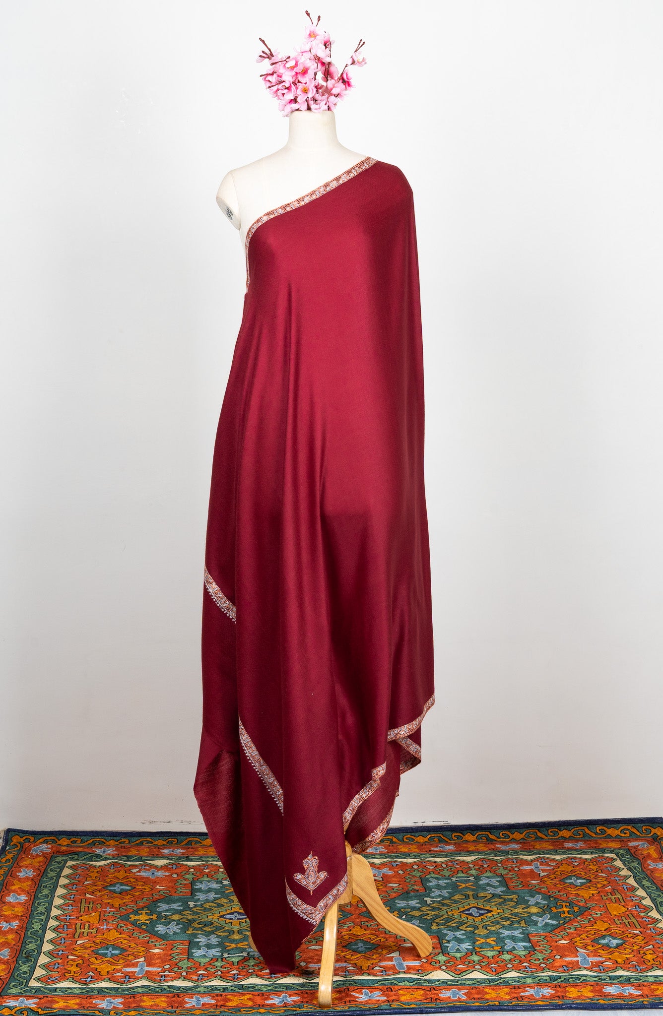 2.5 Yards Sozni Hand Embroidered Shawl in Deep Wine Grace