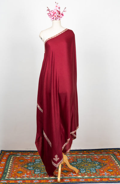 2.5 Yards Sozni Hand Embroidered Shawl in Deep Wine Grace