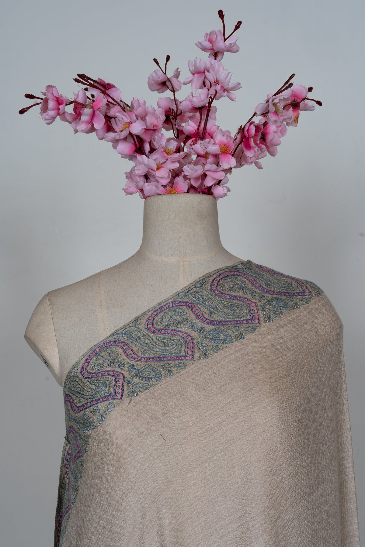 Ivory Bloom: Merino Wool Hand Embroidered 2.5 Yards Shawl