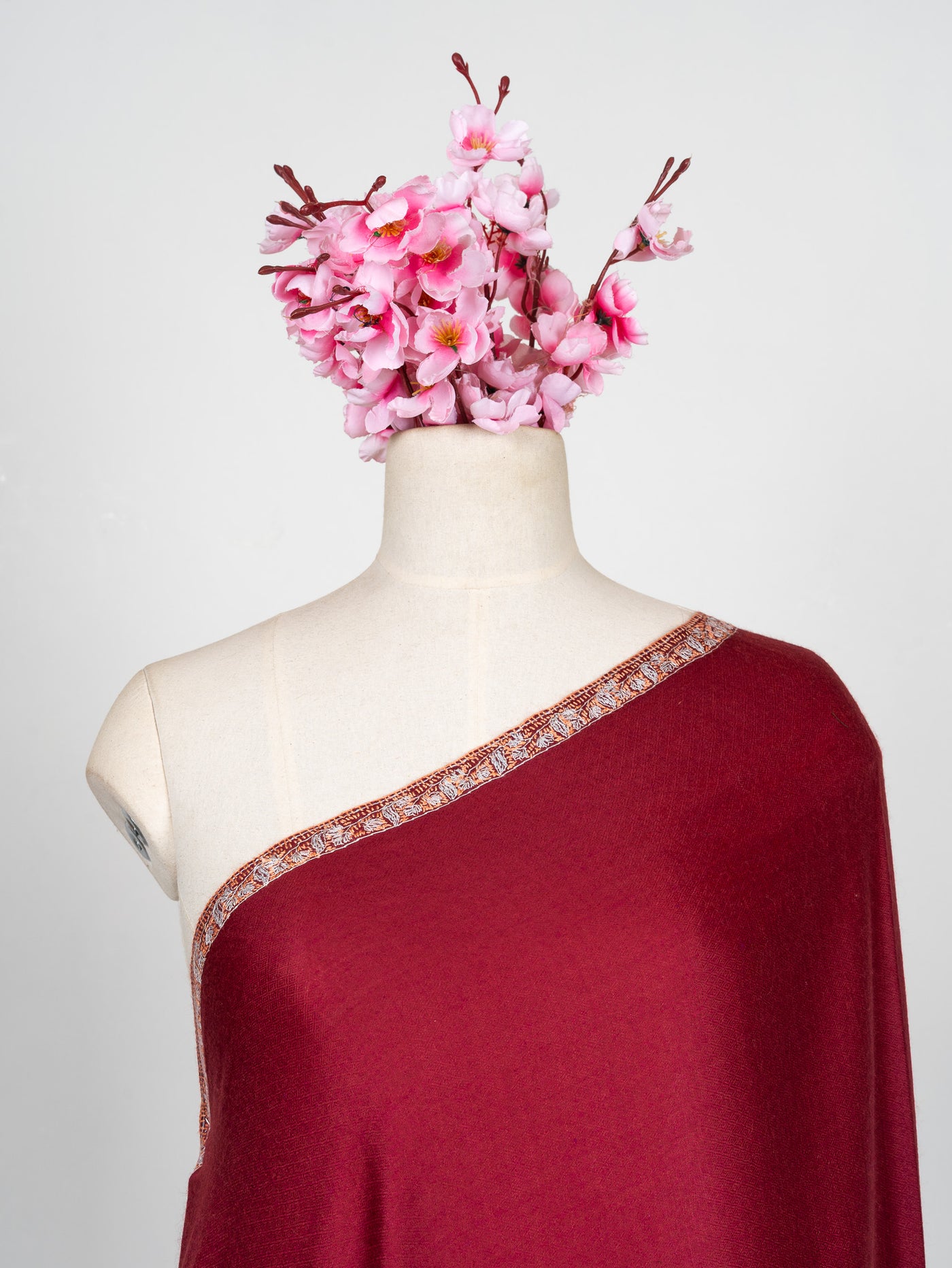 2.5 Yards Sozni Hand Embroidered Shawl in Deep Wine Grace