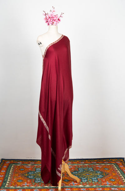 2.5 Yards Sozni Hand Embroidered Shawl in Deep Wine Grace