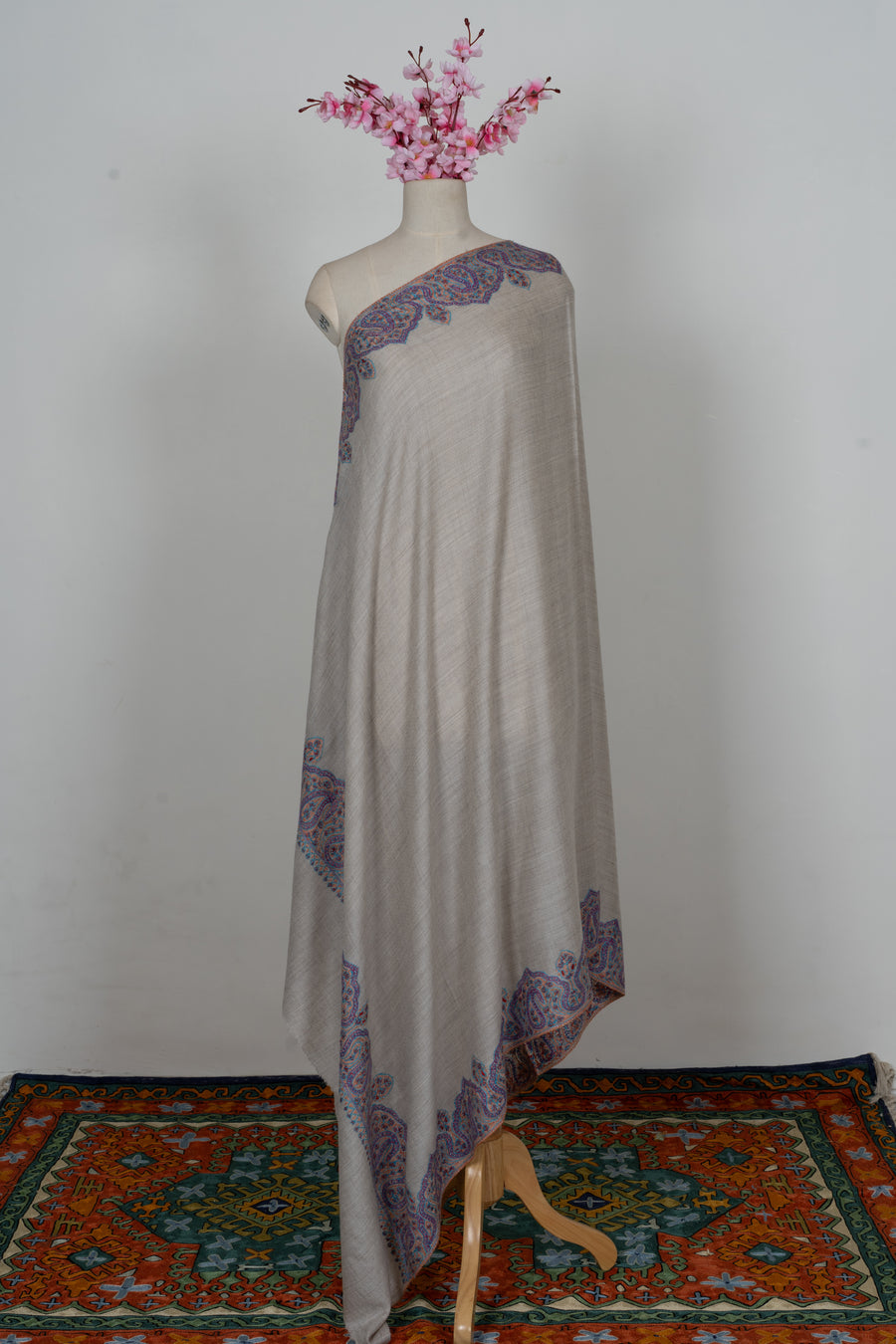 Moonlight Ivory: Merino Wool Hand Embroidered 2.5 Yards Shawl