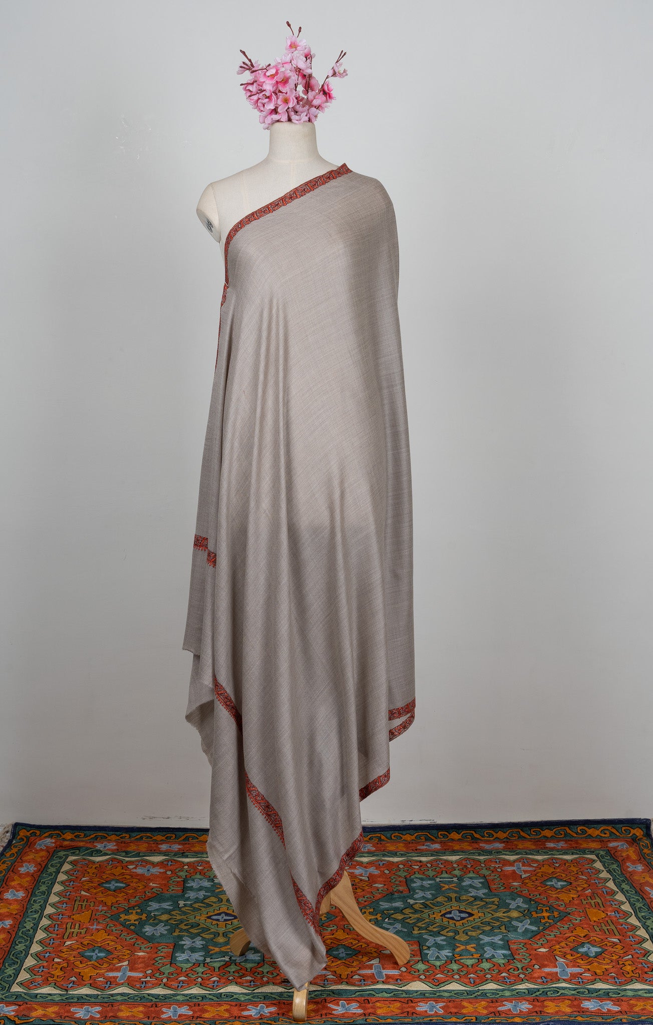 2.5 Yards Sozni Hand Embroidered Shawl in Soft Ash Grey Blush
