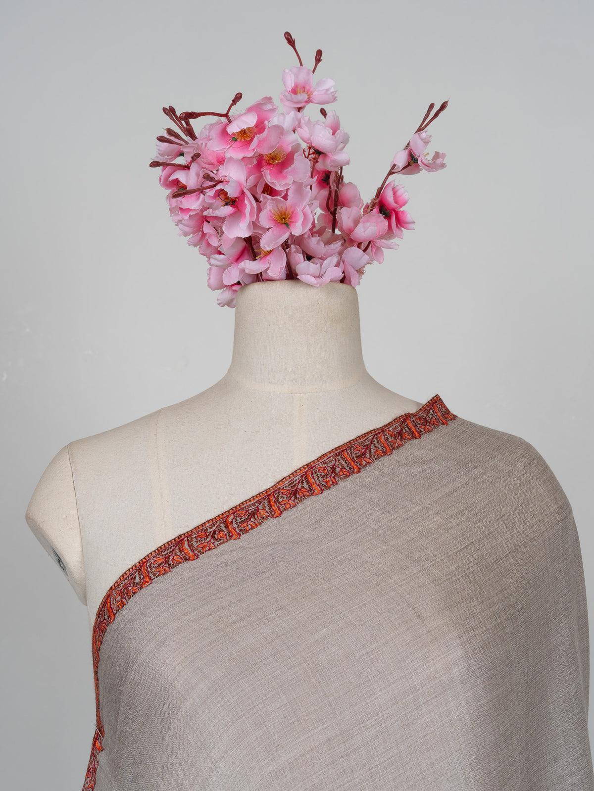 2.5 Yards Sozni Hand Embroidered Shawl in Soft Ash Grey Blush