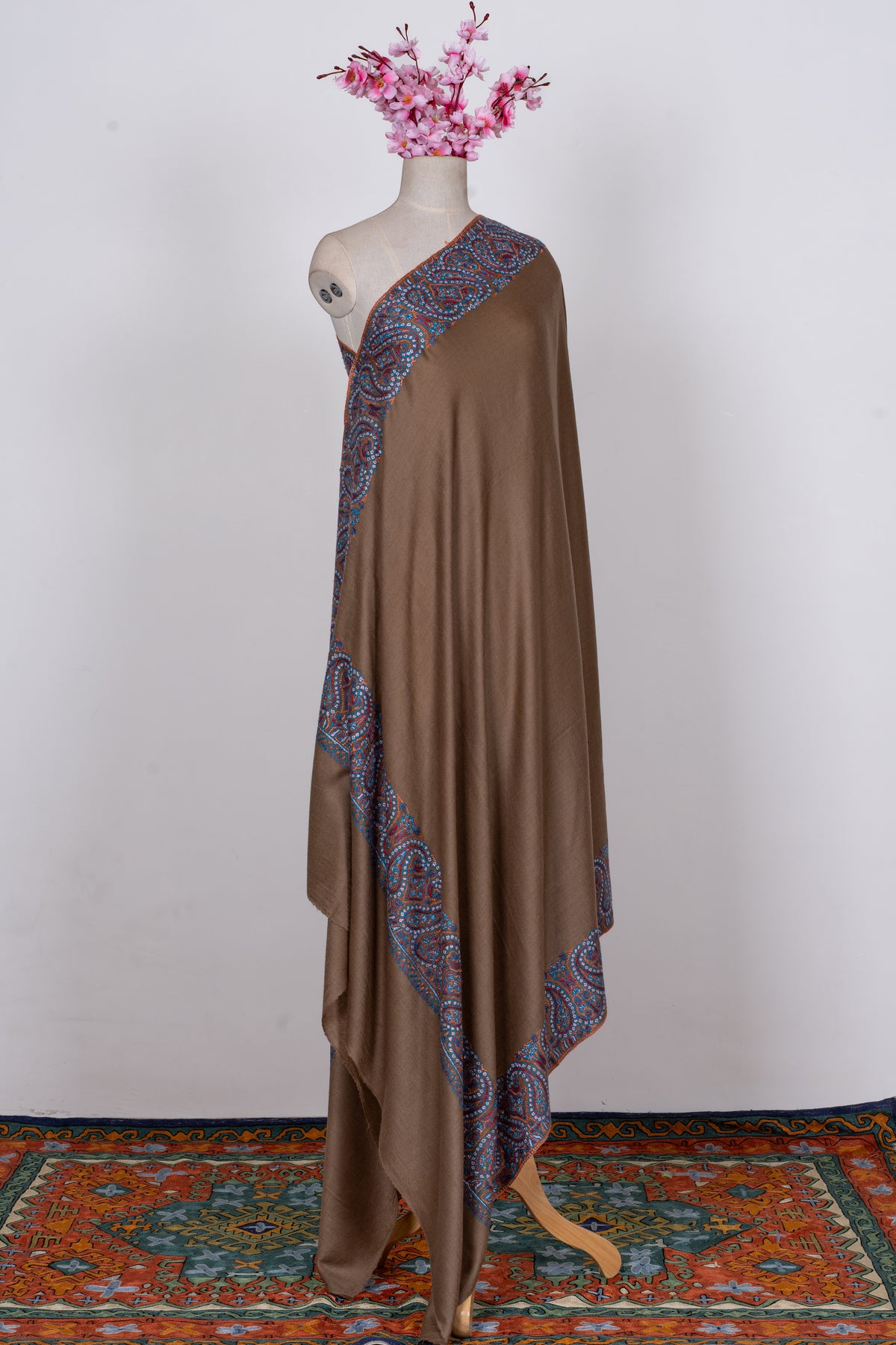 Walnut Royale: Merino Wool Hand Embroidered 2.5 Yards Shawl
