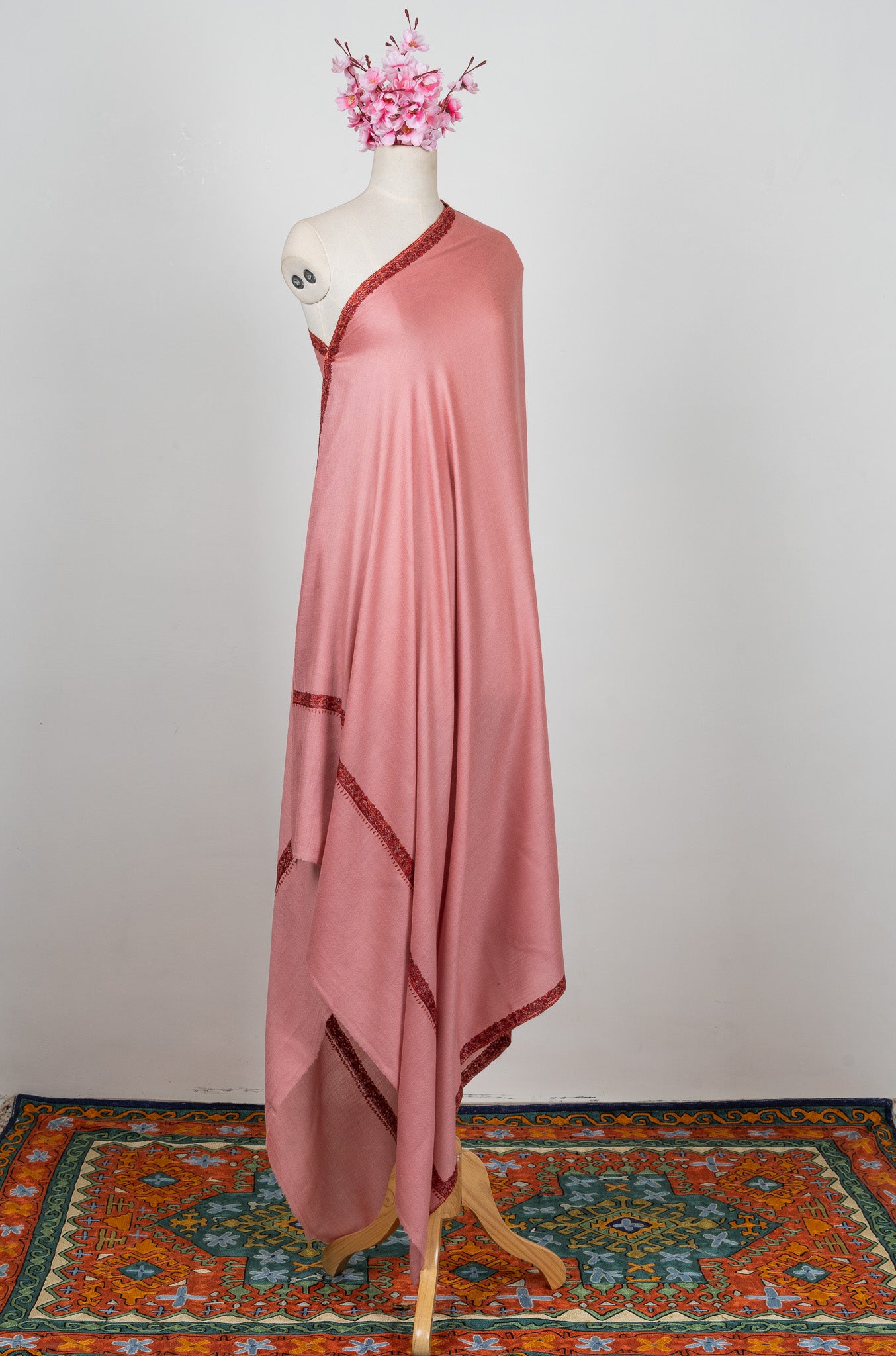 2.5 Yards Sozni Hand Embroidered Shawl in Blush Rose Charm