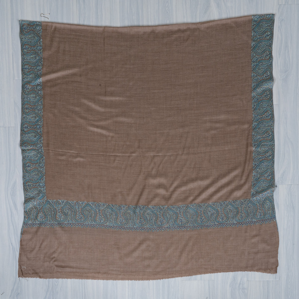 Teal Edge Taupe: Merino Wool Hand Embroidered 2.5 Yards Shawl