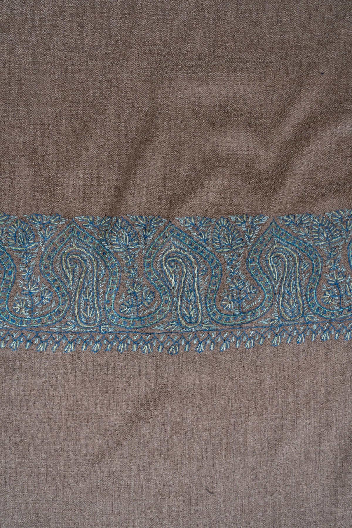 Teal Edge Taupe: Merino Wool Hand Embroidered 2.5 Yards Shawl
