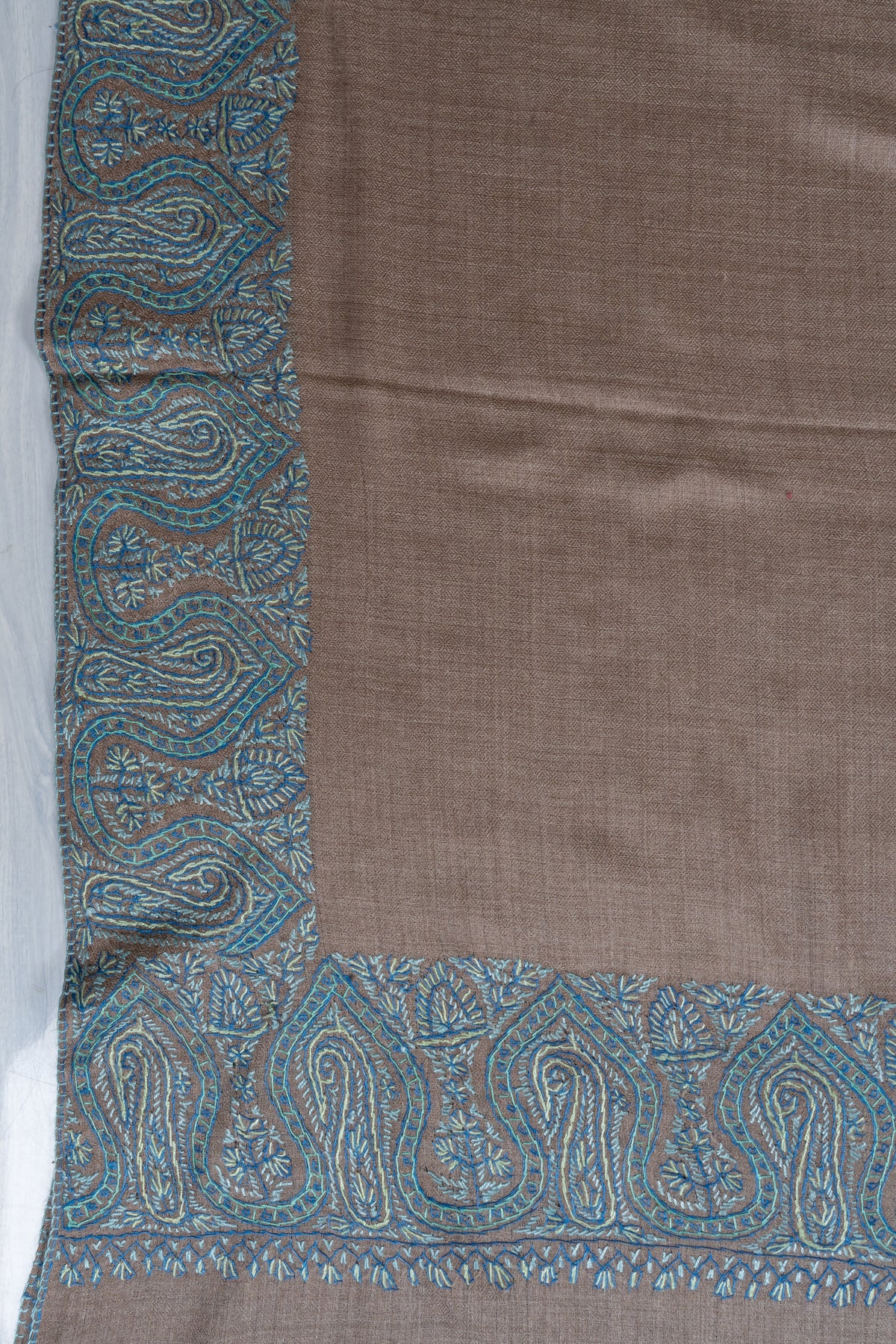 Teal Edge Taupe: Merino Wool Hand Embroidered 2.5 Yards Shawl