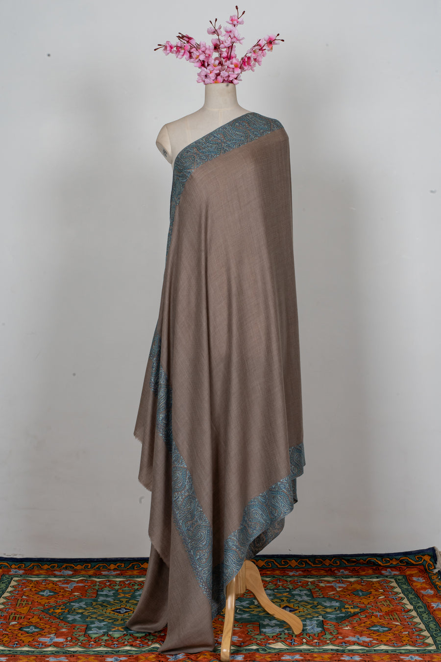 Teal Edge Taupe: Merino Wool Hand Embroidered 2.5 Yards Shawl