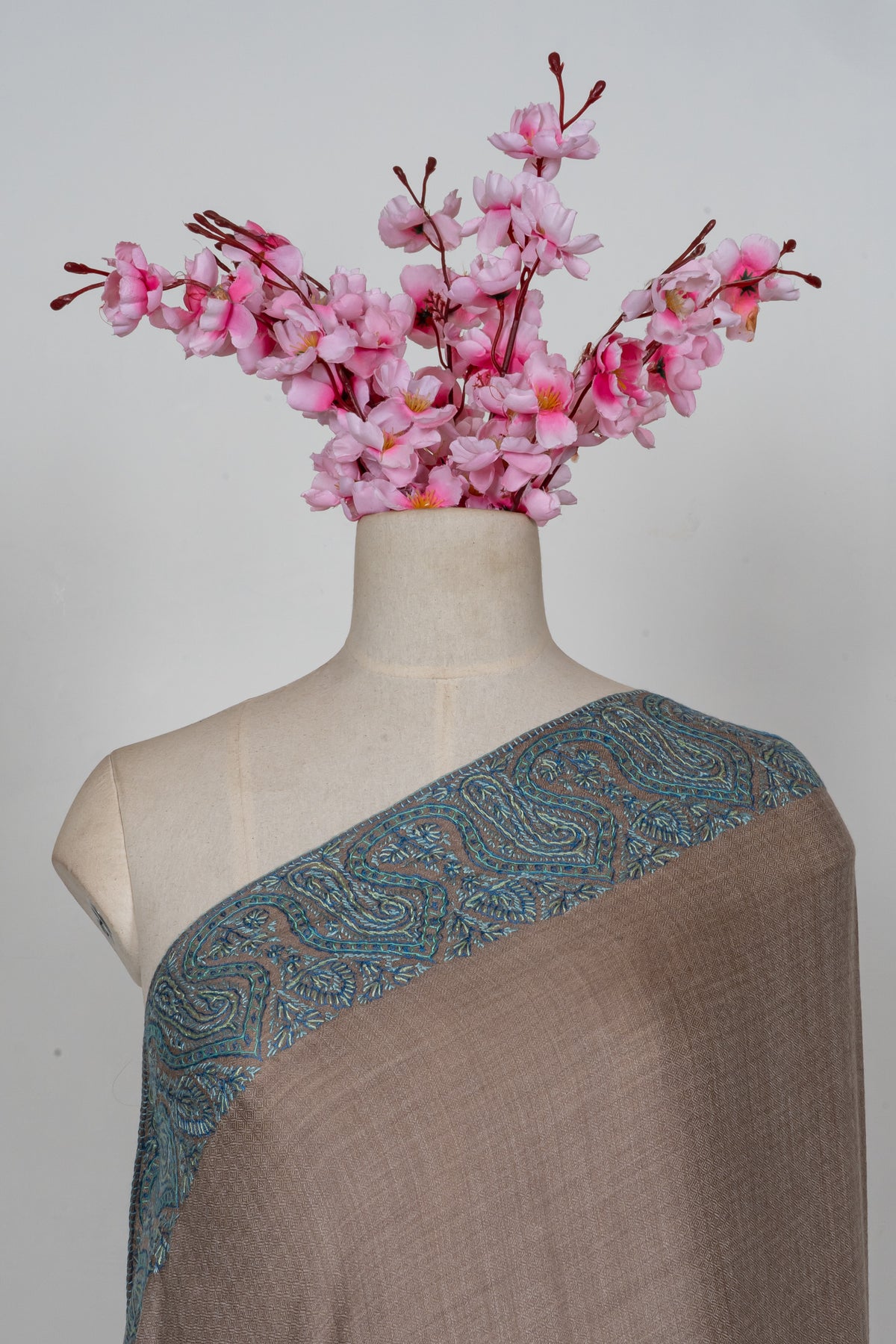 Teal Edge Taupe: Merino Wool Hand Embroidered 2.5 Yards Shawl