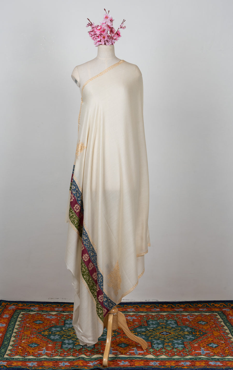 2.5 Yards Sozni Hand Embroidered Shawl in Ivory Heritage Accent