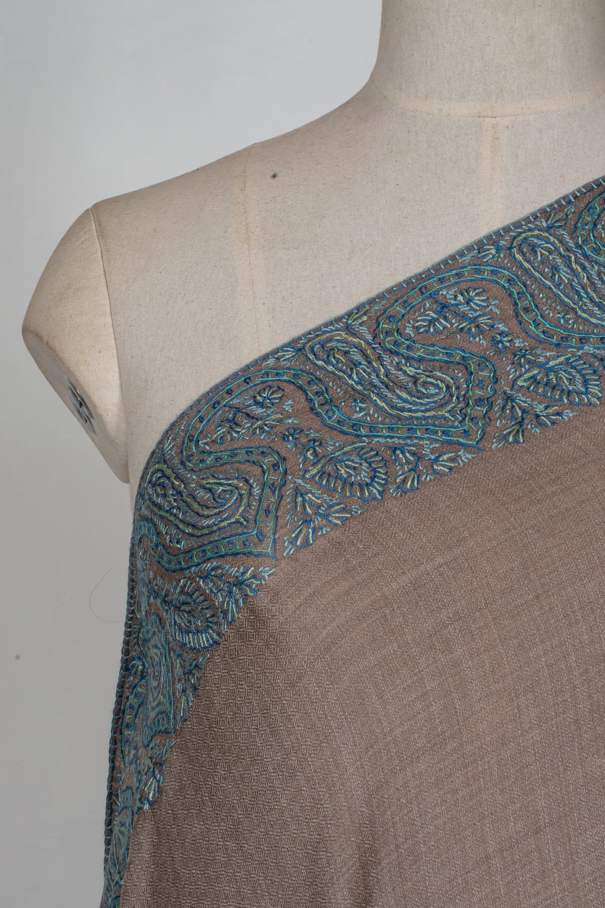 Teal Edge Taupe: Merino Wool Hand Embroidered 2.5 Yards Shawl