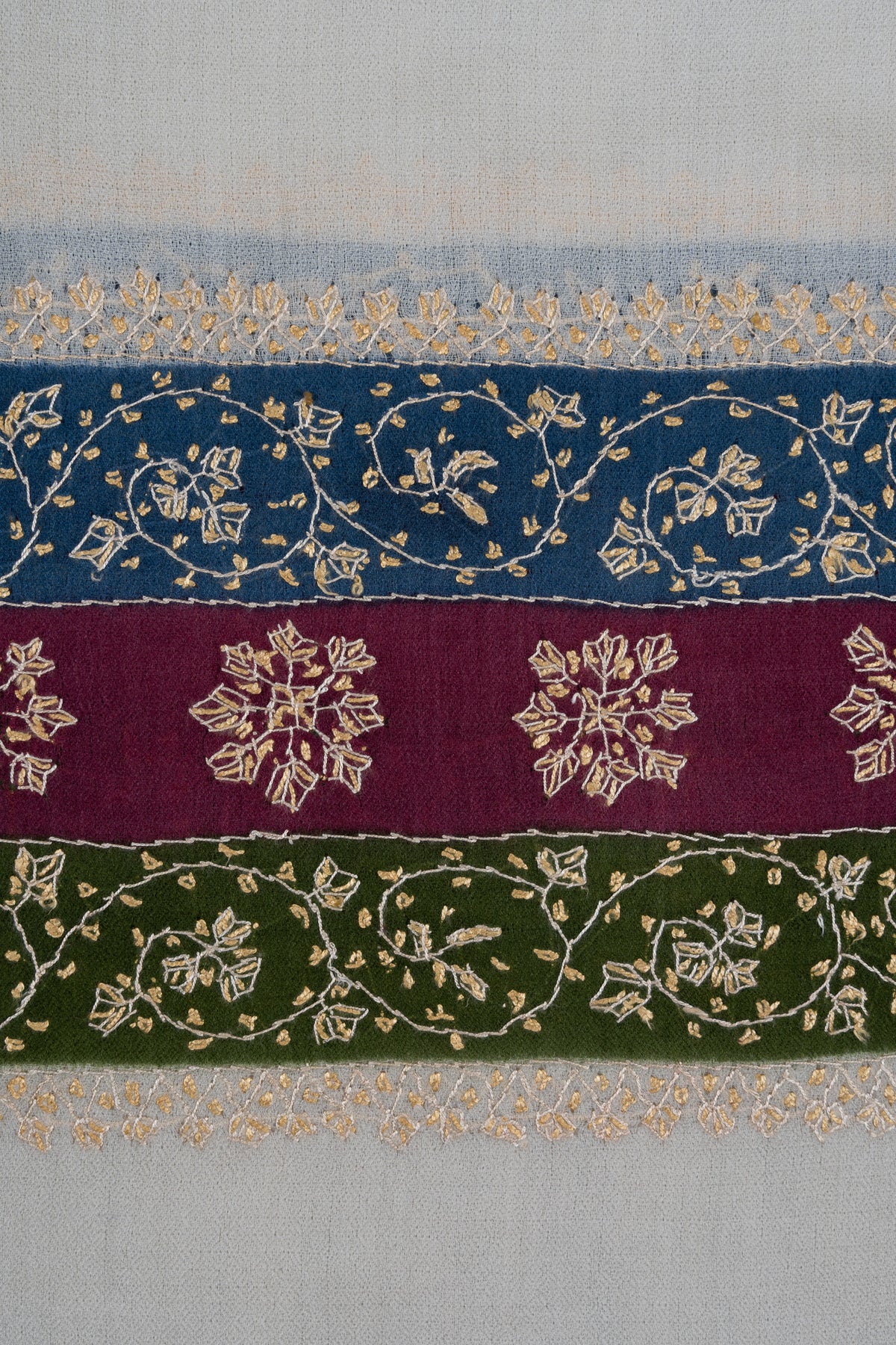 Close-up of golden Sozni vines on blue and green bands around a maroon band of floral medallions on an ivory shawl