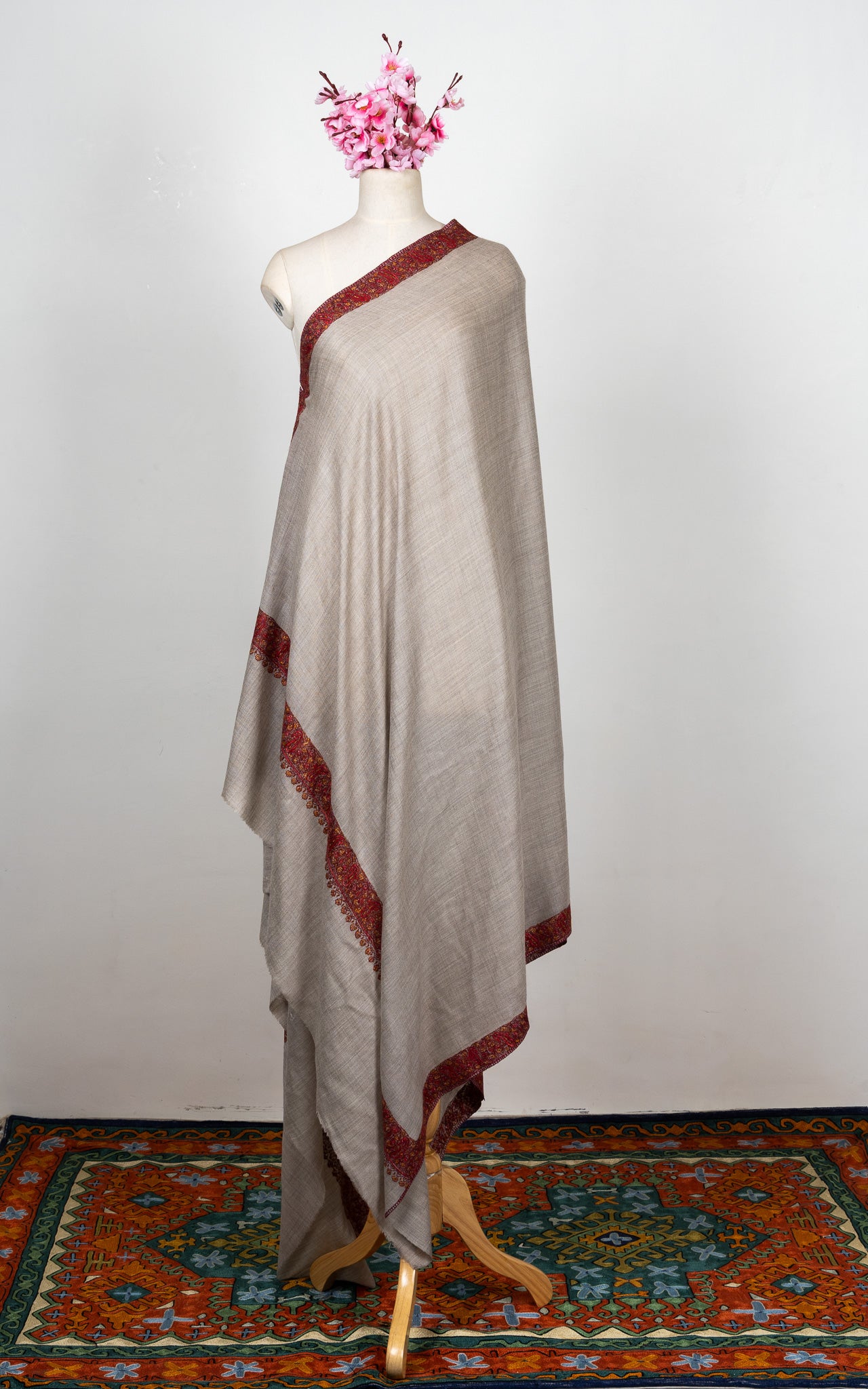 2.5 Yards Sozni Hand Embroidered Shawl in Silver Taupe Harmony