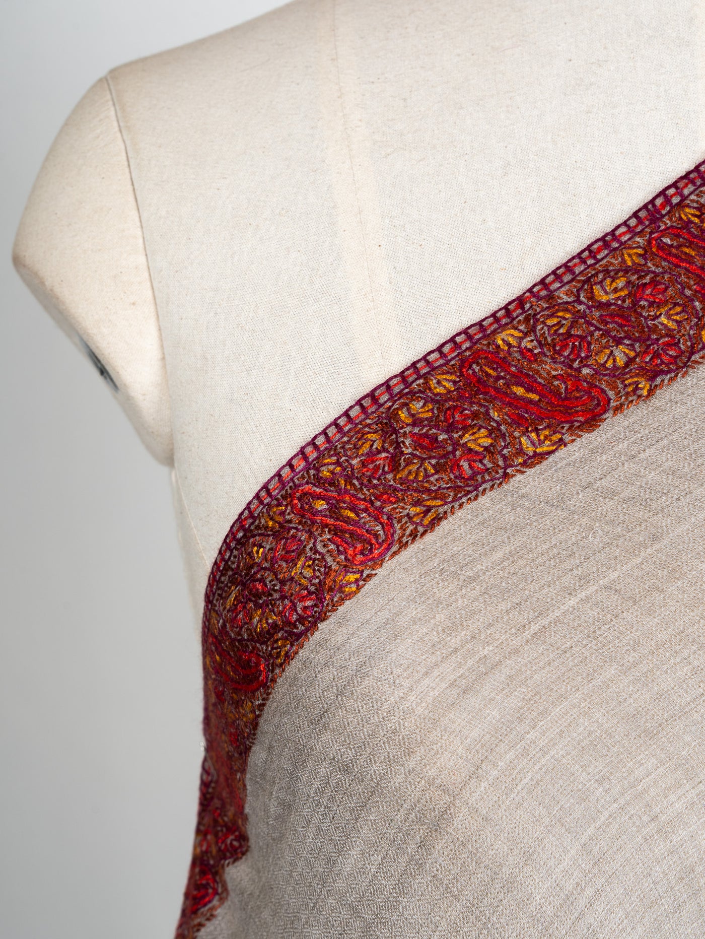 2.5 Yards Sozni Hand Embroidered Shawl in Silver Taupe Harmony